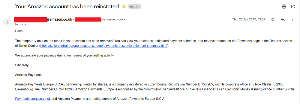 Amazon seller account reinstated